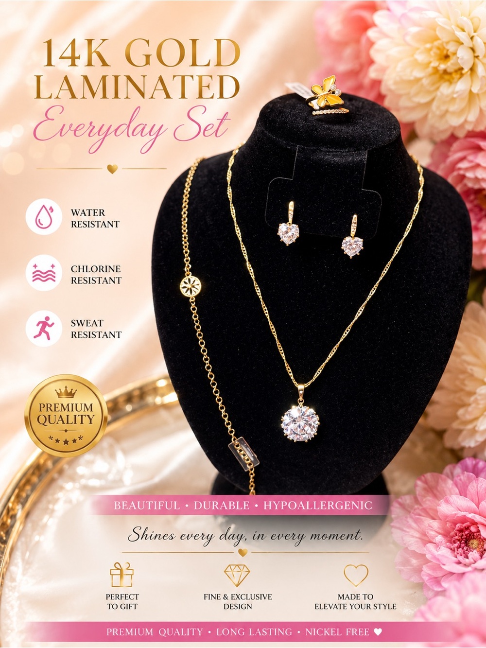 14K Gold Laminated Heart Pendant Necklace and Earring Set